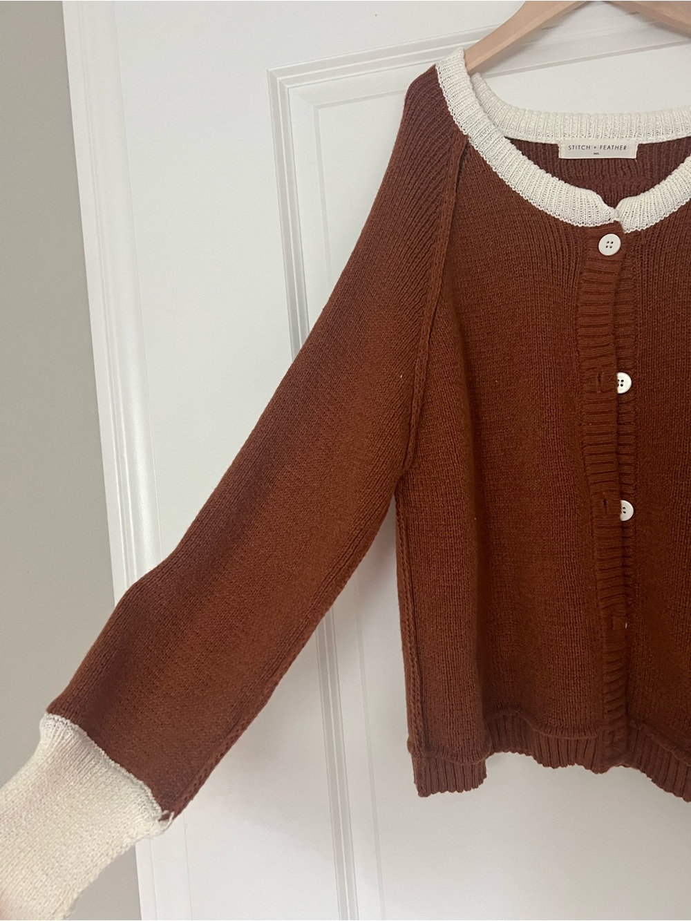 Women's Chestnut Button-Front Cardigan with Cream Trim - Picture 4 of 6